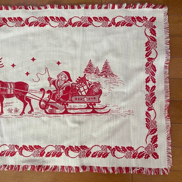 Vintage Santa Claus Sleigh & Reindeer Christmas Table Runner Hand Woven Tapestry - Picture 4 of 9